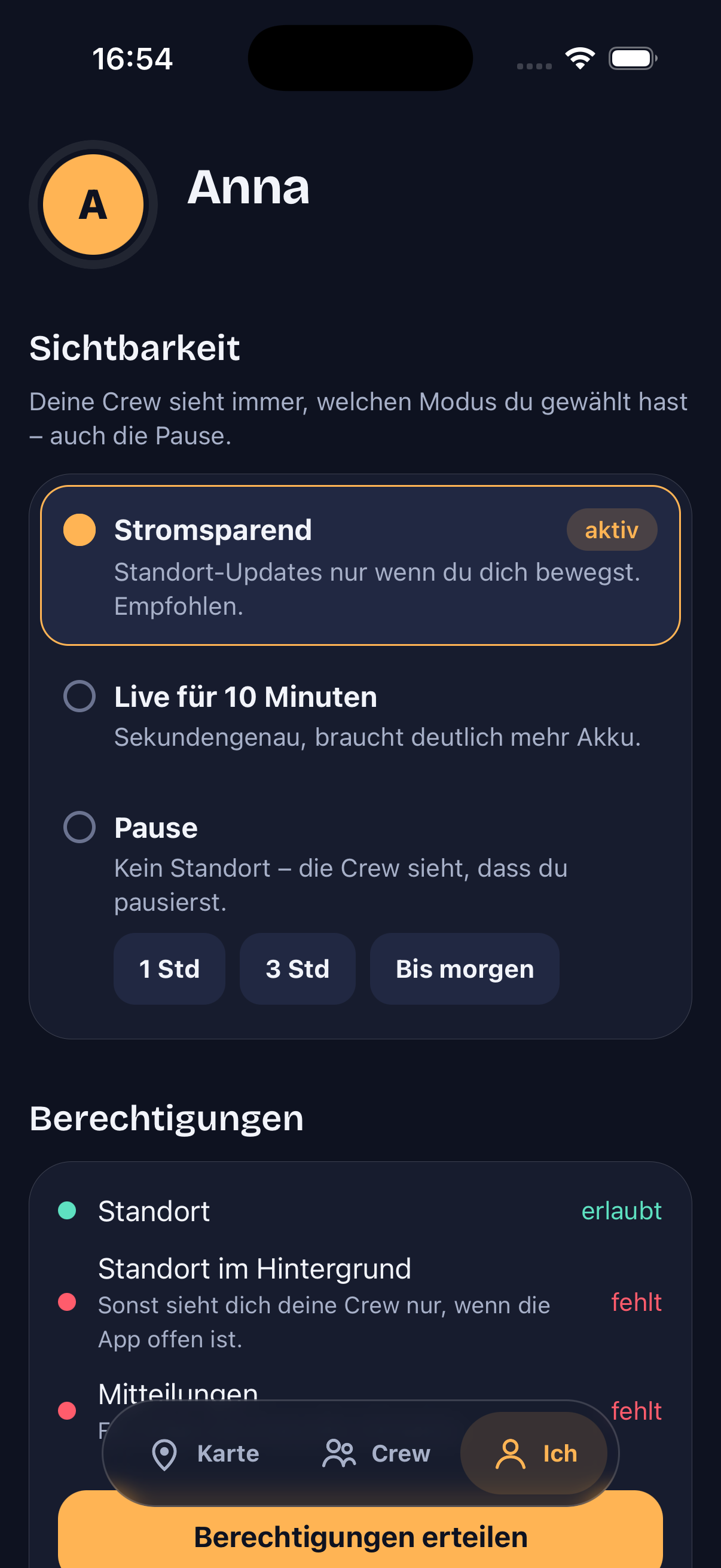 Einstellungen: Stromsparend, Live für 10 Minuten, Pause