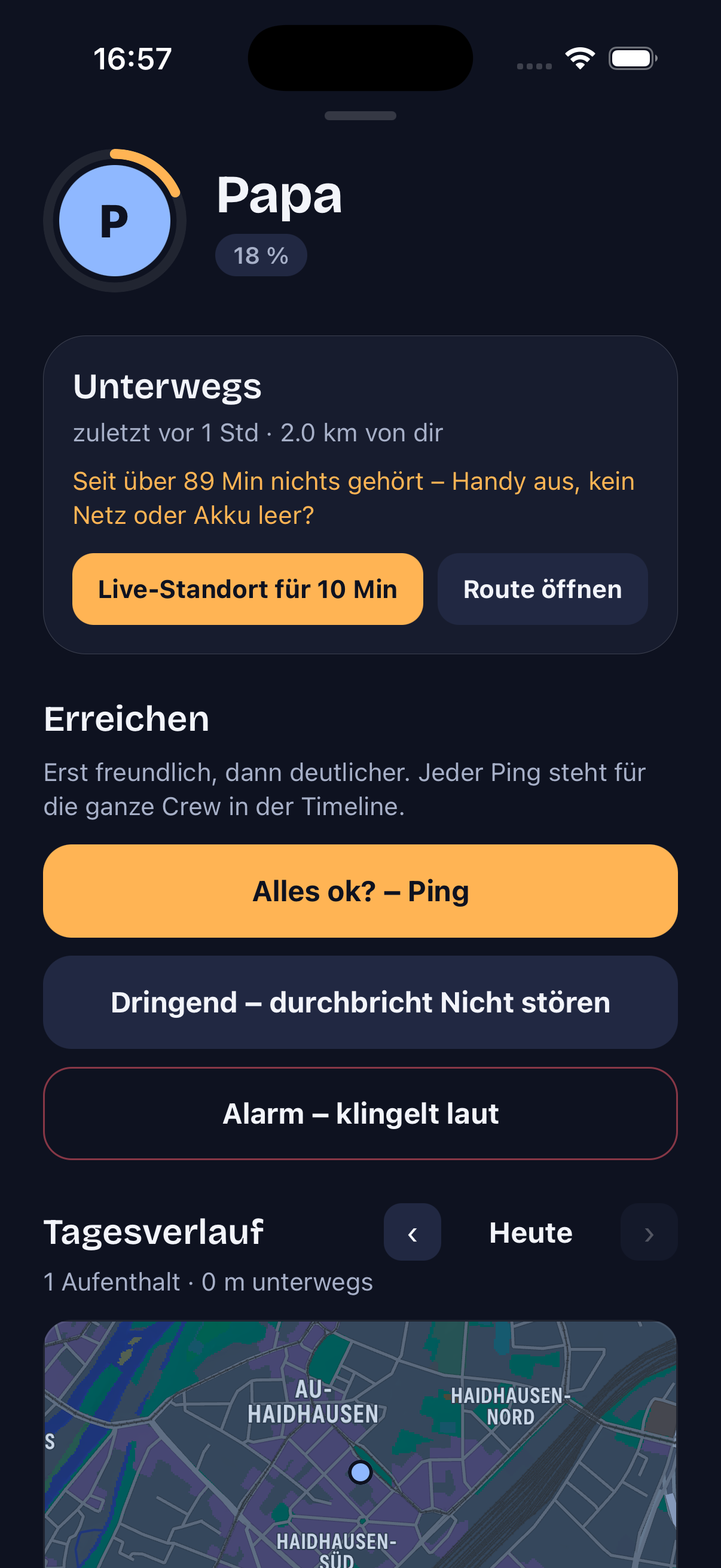 Mitglied erreichen: Ping, Dringend, Alarm